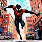 **Prompt:** A dynamic shot of Miles Morales leaping through a vibrant, comic book-style New York City, Ben-Day dots and onomatopoeia surrounding him as he unleashes his venom blast. Focus on the blend of street art and comic book aesthetic.