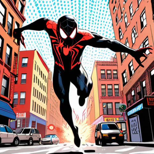 Home 4 **Prompt:** A dynamic shot of Miles Morales leaping through a vibrant, comic book-style New York City, Ben-Day dots and onomatopoeia surrounding him as he unleashes his venom blast. Focus on the blend of street art and comic book aesthetic.