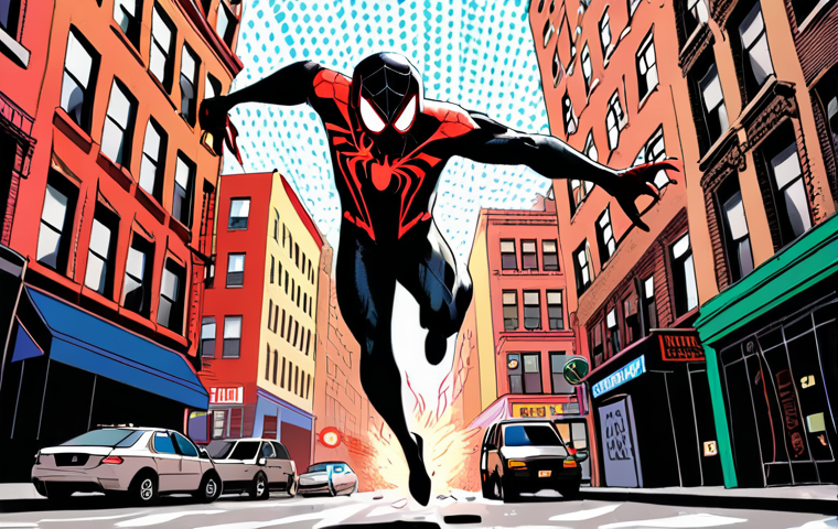 **Prompt:** A dynamic shot of Miles Morales leaping through a vibrant, comic book-style New York City, Ben-Day dots and onomatopoeia surrounding him as he unleashes his venom blast. Focus on the blend of street art and comic book aesthetic.